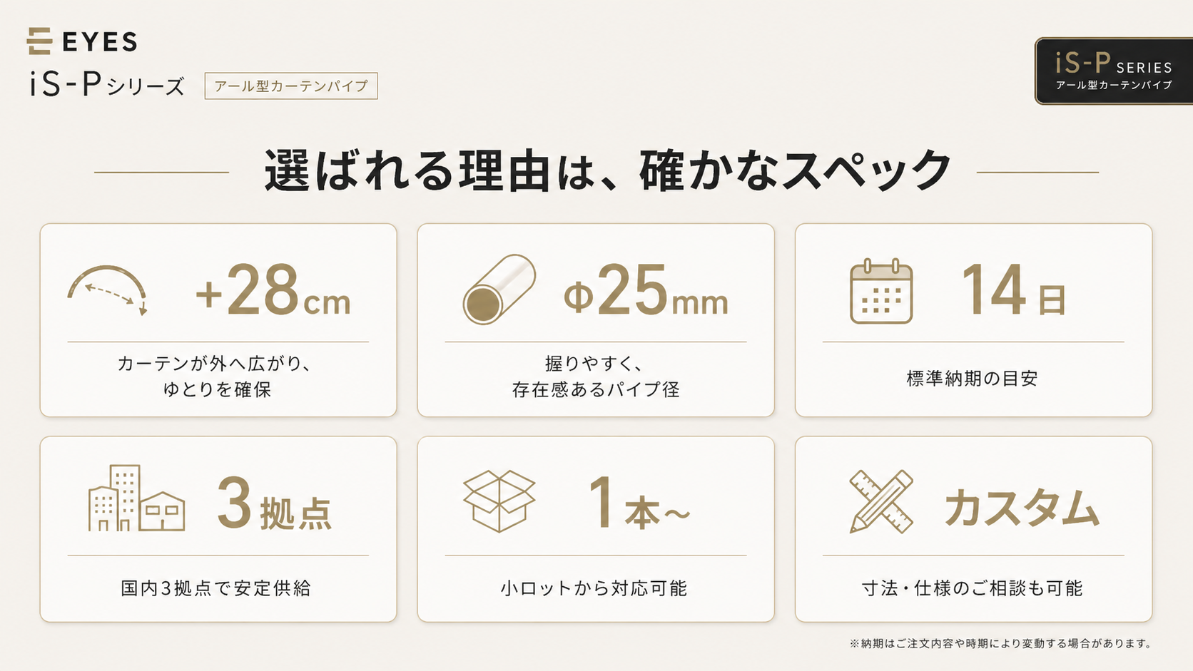 選ばれる理由は、確かなスペック。+28cm カーテンが外側へ逃げる独自アール形状、Φ25mm 堅牢で美しいSUS304ステンレスパイプ、14日 最短14営業日で出荷可能、3拠点 札幌・東京・大阪から全国対応、1本から 小ロットOK 1本から注文可能。