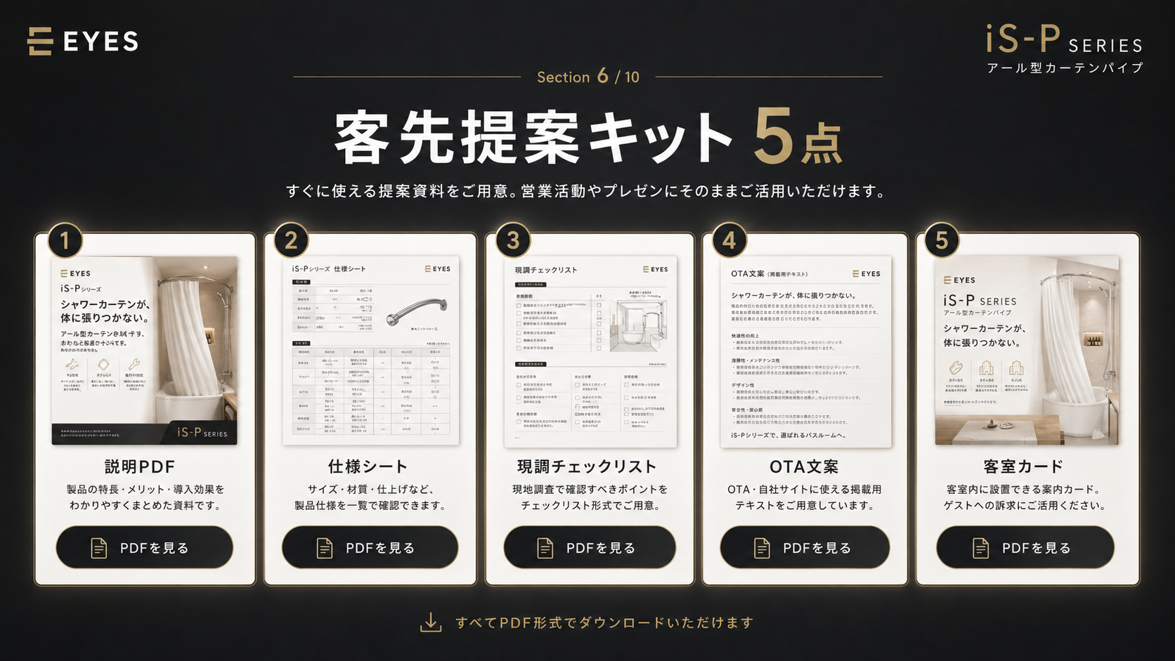 客先提案にそのまま使える！5つの提案キット。01説明PDF：製品の特長やメリットをまとめた資料。02仕様シート：寸法・仕様・材質などの詳細データ。03現調チェックリスト：現地調査で使えるチェックリスト。04OTA掲載文（例）：OTA（楽天トラベル等）に掲載しやすい客室説明文の例。05客室カード（デザイン案）：客室内に置ける説明カードのデザイン案。Excel・Word等でのご提供も可能です。