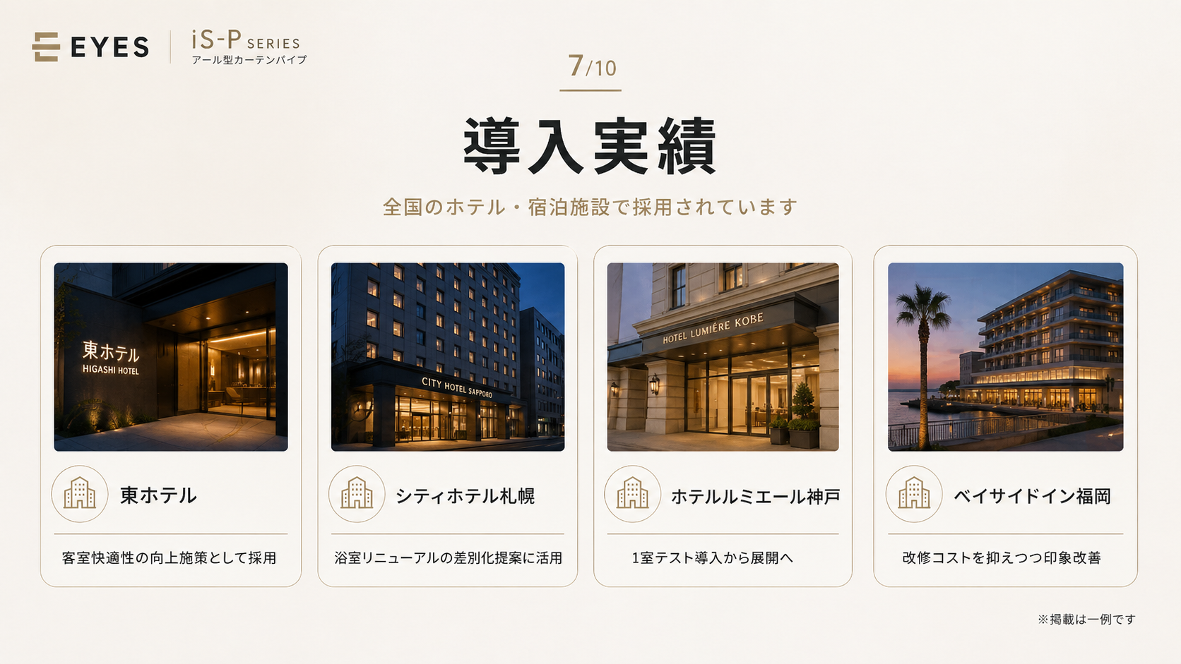導入実績。グランドホテル様（北海道札幌市）：客室リニューアルにて導入、シャワーが快適になったと高評価をいただいています。ターミナルホテル様（東京都）：直線から交換するだけの手軽さで、顧客満足度の向上に貢献。コシュマ系ホテル様（京都府）：デザイン性と機能性を両立、インバウンドのお客様にも好評。アサヒカホテル様（長野県）：1室テスト導入から全棟へ拡大、コストを抑えた快適性向上を実現。